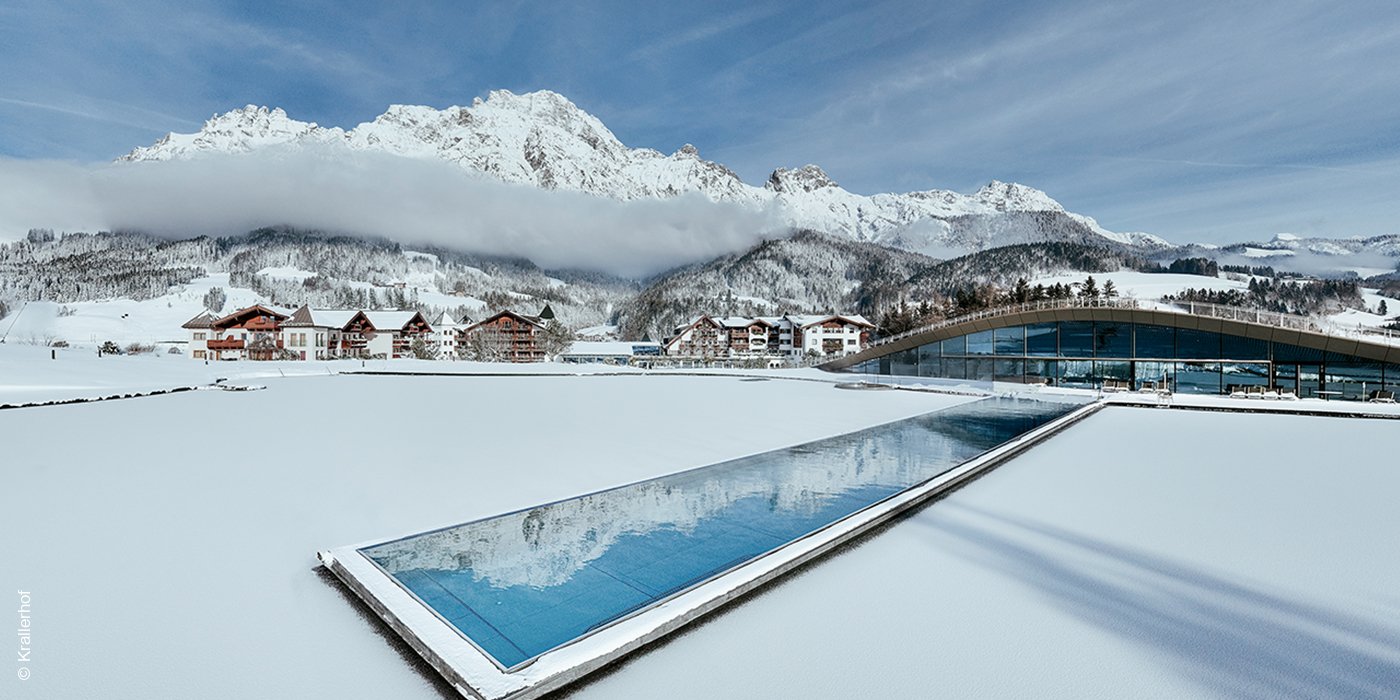 Hotel Krallerhof | Leogang | Salzburg | ATMOSPHERE mit Pool im Winter | luxuszeit.com